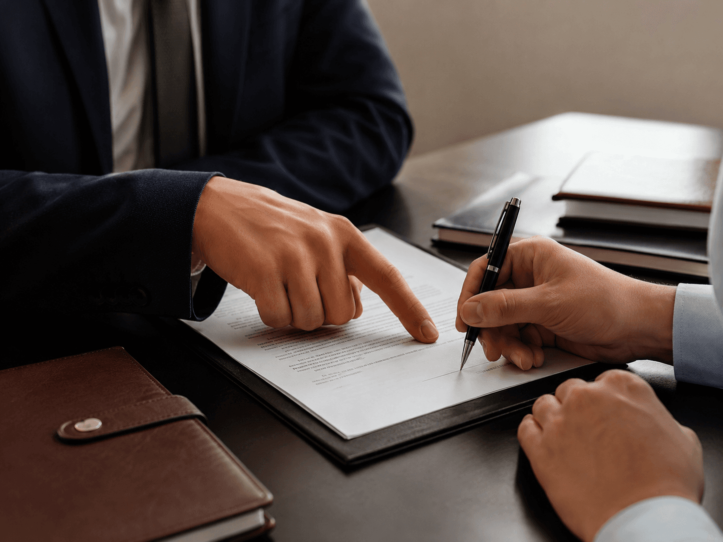 Dos personas firmando y revisando un contrato sobre un escritorio