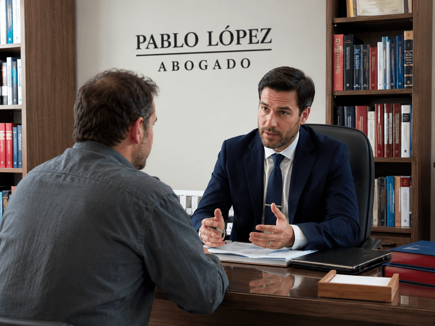 Abogado conversando con un trabajador en una oficina